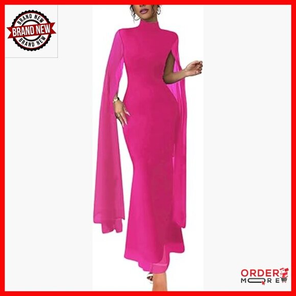 Dresses & Skirts - Formal Mock Neck Mesh Flare Sleeve Maxi Dress Bodycon Evening Gown